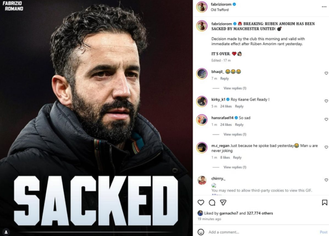 Alejandro Garnacho thích bài đăng trên Instagram thông báo Man Utd sa thải HLV Ruben Amorim.