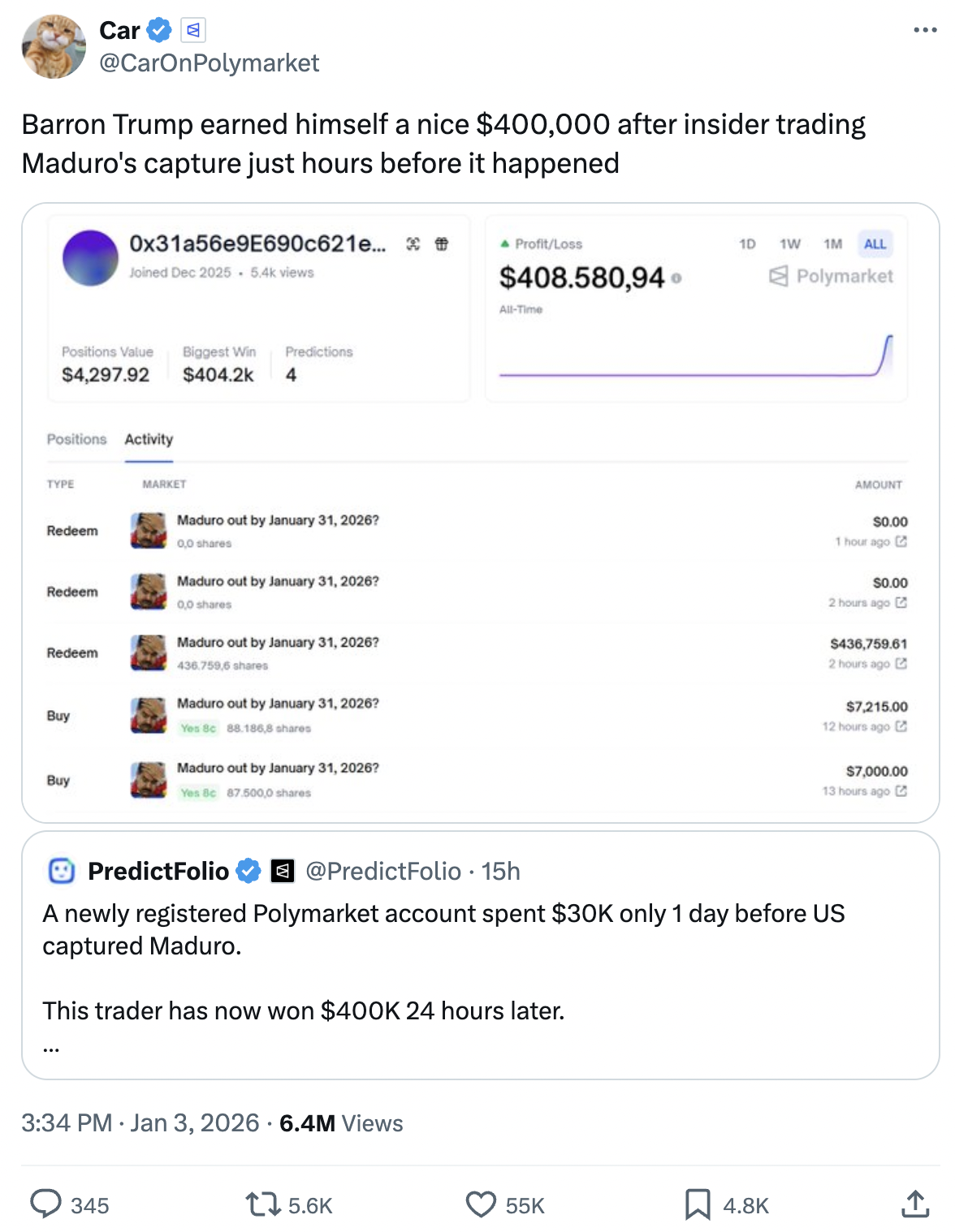 Không có chuyện gia đình ông Trump thu lợi 400.000 USD từ cá cược liên quan đến Venezuela 2 Barron Trump - Ảnh 2.