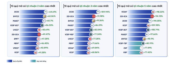 10 quỹ mở có lợi nhuận cao nhấ thị trường xét trên khung thời gian 2-3-5 năm. Đồ họa: Fmarket