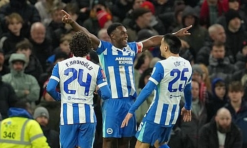 Welbeck dang cao tay, quay lưng về phía khán giả Old Trafford để mừng bàn thắng cho Brighton. Ảnh: AP