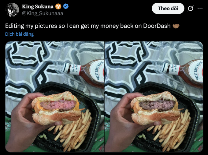 Một người khoe bức ảnh bánh hamburger chứa thịt sống đã được chỉnh sửa (bên trái) với ảnh thật chưa qua chỉnh sửa. Ảnh: X/King Sukuna