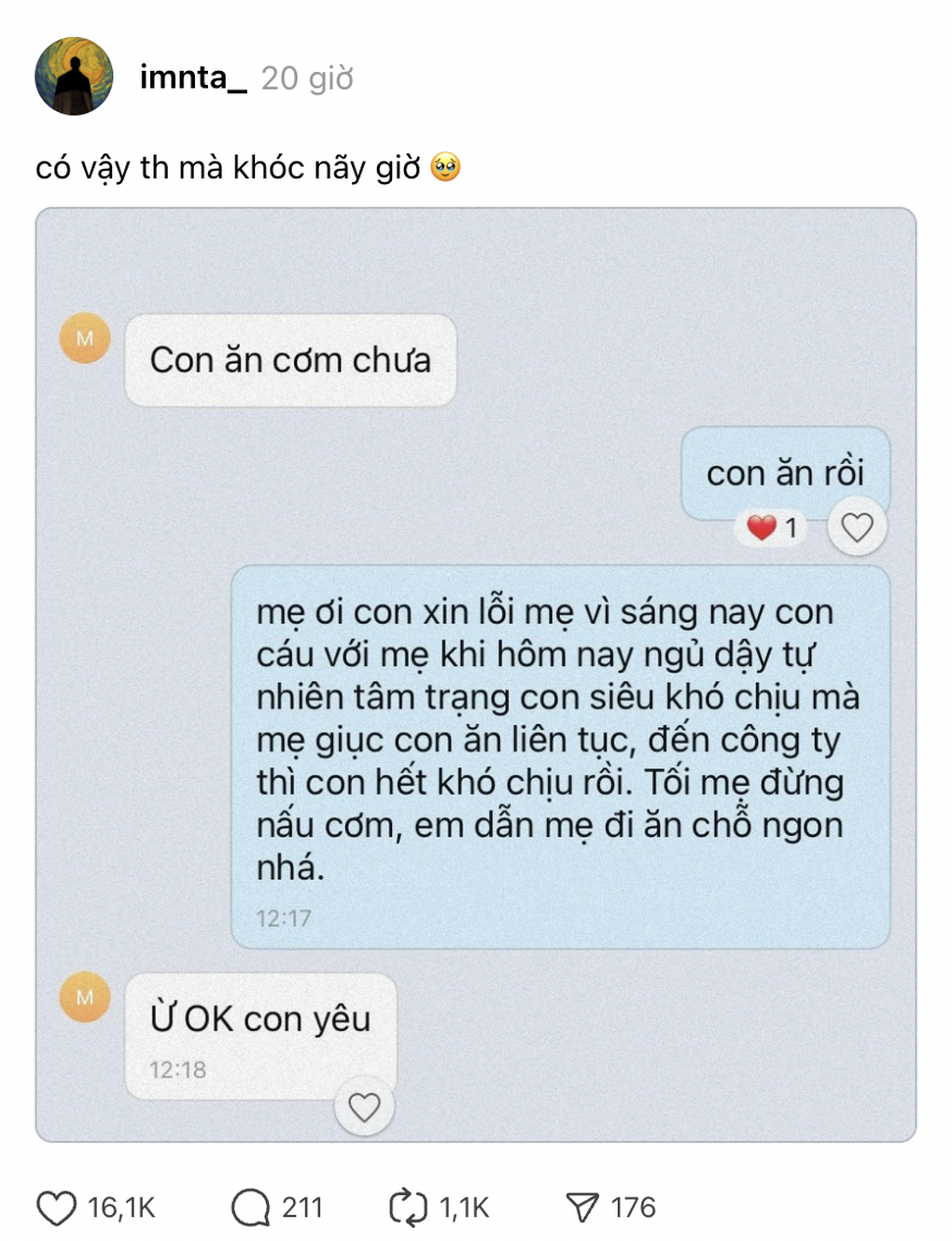 “Mẹ ơi, con xin lỗi”: Dòng trạng thái lay động khiến ai cũng muốn mở lòng - 1