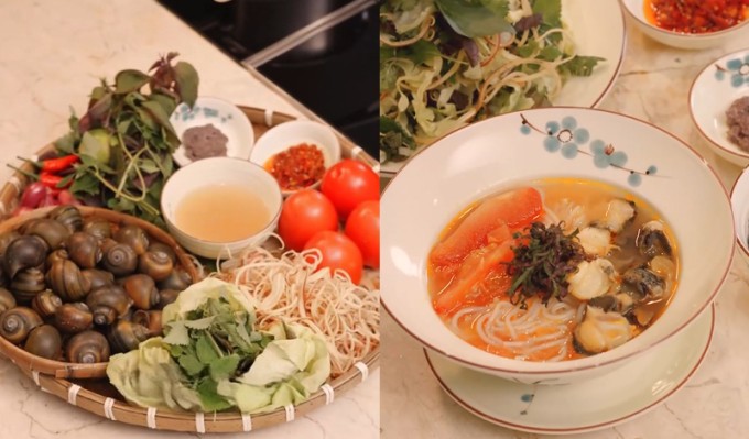 Hà Kiều Anh cho biết nguyên liệu nấu bún ốc kiểu Hà thành không quá cầu kỳ nhưng đòi hỏi sự chỉn chu từ khâu chọn mua nguyên liệu đến sơ chế, nêm nếm nước dùng.