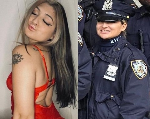 Dannah Battino trong bộ đồng phục NYPD và khi tạo dáng khêu gợi. Ảnh: Facebook/Fapeza