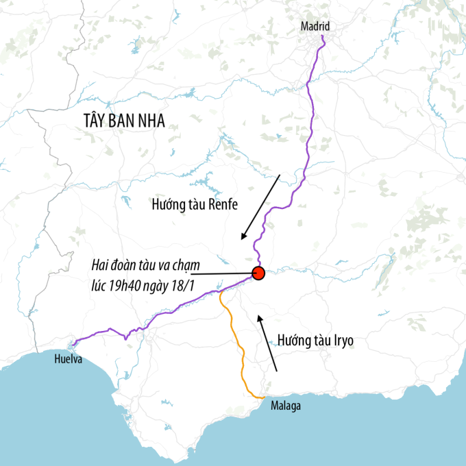 Hướng di chuyển của hai đoàn tàu cao tốc và vị trí va chạm ngày 18/1. Đồ họa: Telegraph