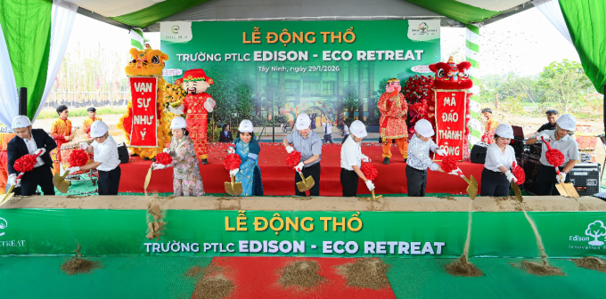 Lễ động thổ trường Phổ thông liên cấp Edison tại khu đô thị Eco Retreat sáng 29/1. Ảnh: Ecopark