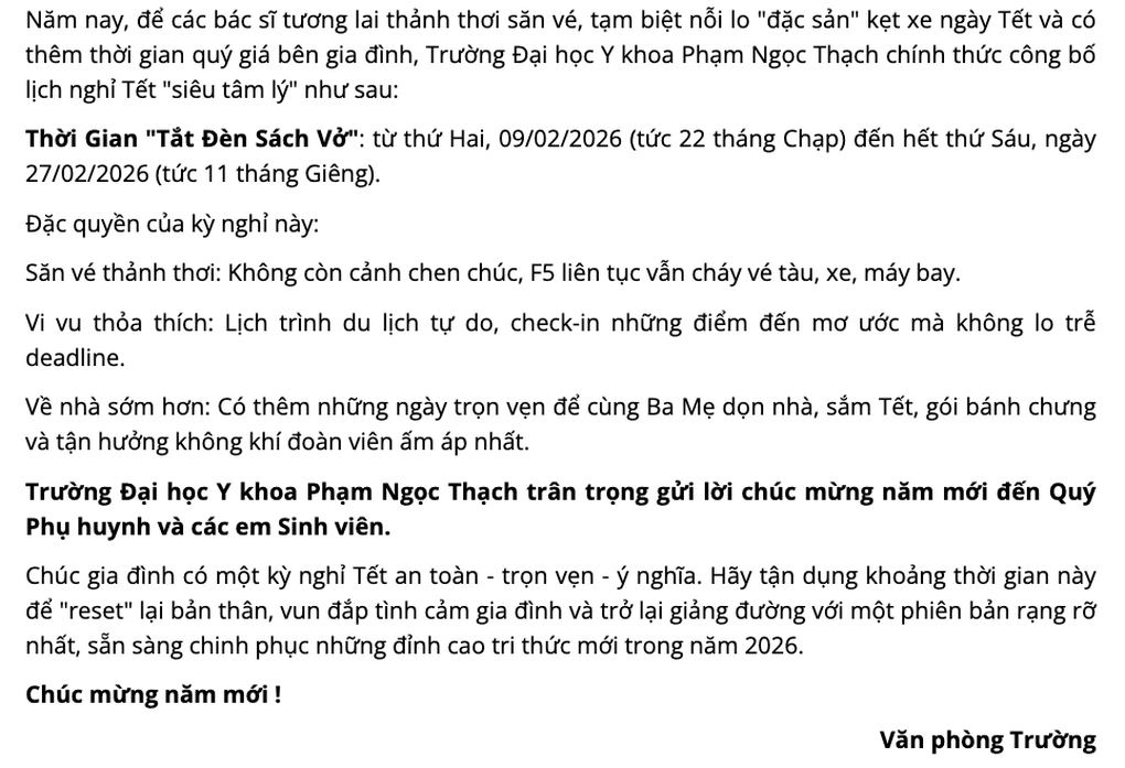 Trường đại học đăng thông báo lịch nghỉ Tết “tắt đèn sách vở” độc lạ - 1