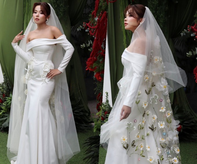 Váy cưới thêu hoa cúc của ca sĩ Bốn chữ lắm 1 Cô dâu nói hài lòng khi lần đầu nhìn thấy chiếc đầm, cảm thấy tự tin khi mặc trong ngày cưới. Ảnh: Êkíp nhân vật cung cấp