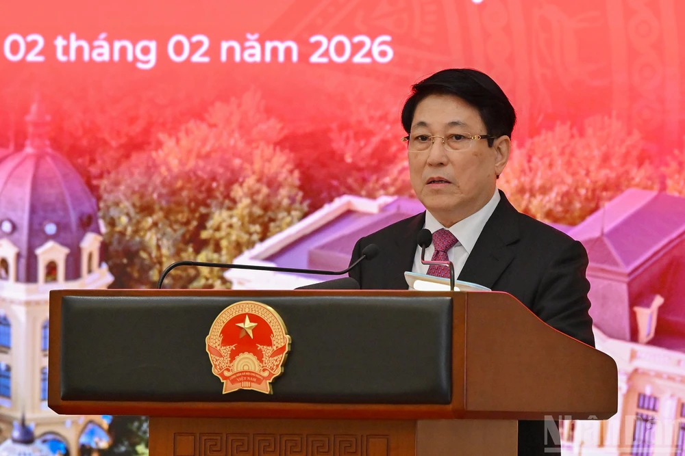 Chủ tịch nước Lương Cường phát biểu tại buổi lễ. Ảnh: NHÂN DÂN tong-bi-thu-to-lam-chu-tich-nuoc-luong-cuong-du-khanh-thanh-tru-so-lam-viec-co-quan-chu-tich-nuoc-1.jpg