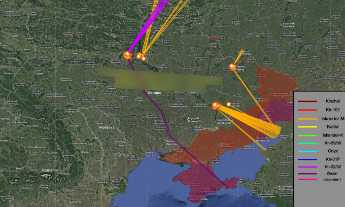 Đường bay của tên lửa Nga trong vụ tập kích ngày 3/2. Đồ họa: X/AMK Mapping