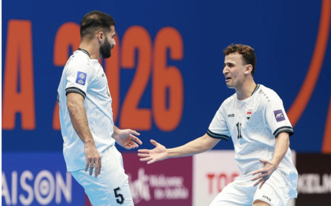 Cầu thủ Iraq mừng chiến thắng 4-2 trước Thái Lan ở tứ kết giải vô địch futsal châu Á 2026, chiều 3/2. Ảnh: AFC