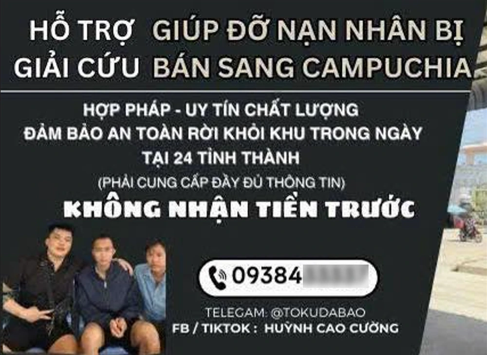 Cường quảng cáo việc hỗ trợ, giúp đỡ người bị lừa bán sang Campuchia trên trang cá nhân. Ảnh: CA huynh-cao-cuong-duc-nang-thang-so-va-chieu-tro-kinh-doanh-tren-su-tuyet-vong-cua-dong-bao.jpg