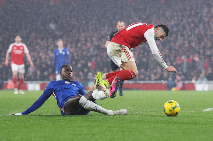 Trevoh Chalobah (áo xanh) tranh chấp quyết liệt với Gabriel Martinelli. Ảnh: AMA