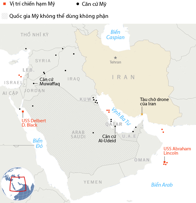 Vị trí các chiến hạm và căn cứ Mỹ ở Trung Đông. Đồ họa: Washington Post