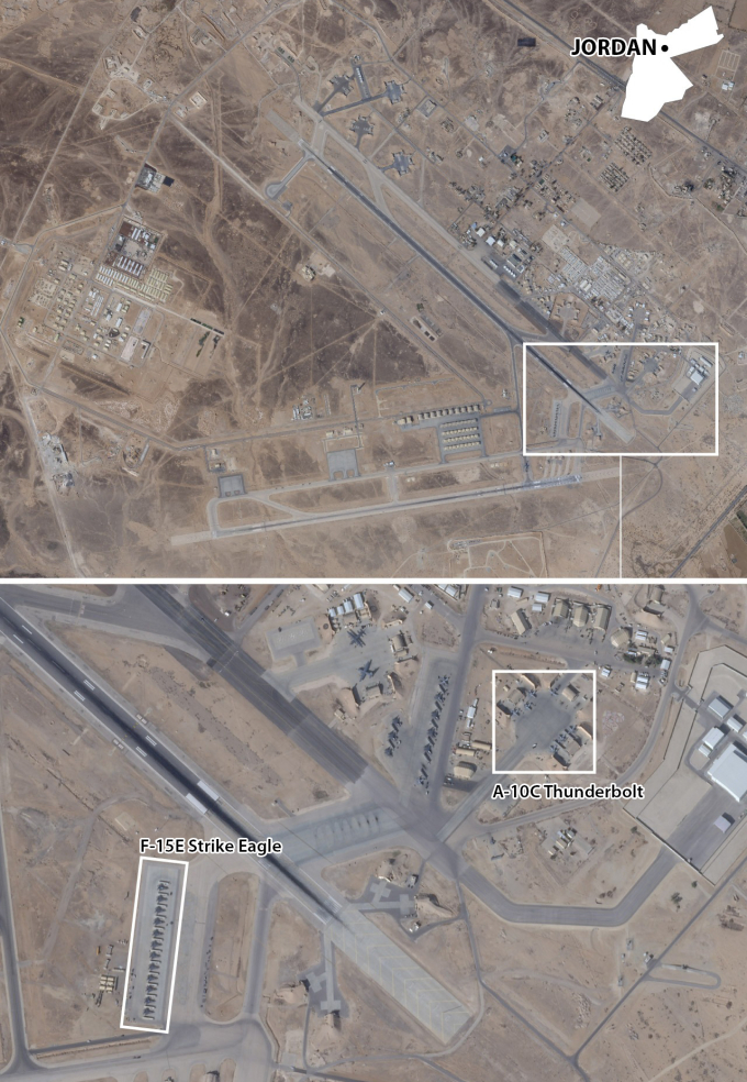 Tiêm kích F-15E và cường kích A-10C của Mỹ tại căn cứ ở Jordan. Ảnh: Washington Post