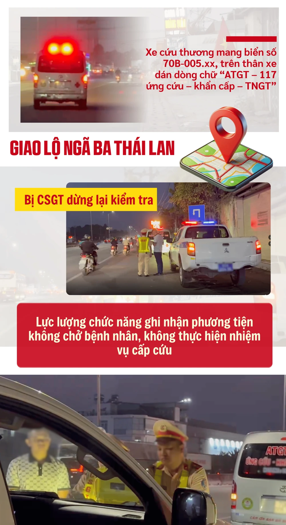 ẢNH GHÉP 2 - Xe cứu thương mang biển số 70B-005.xx, trên thân xe dán dòng chữ “ATGT – 117 ứng cứu – khẩn cấp – TNGT” bị CSGT dừng lại kiểm tra (2 ẢNH) + Lực lượng chức năng ghi nhận.png