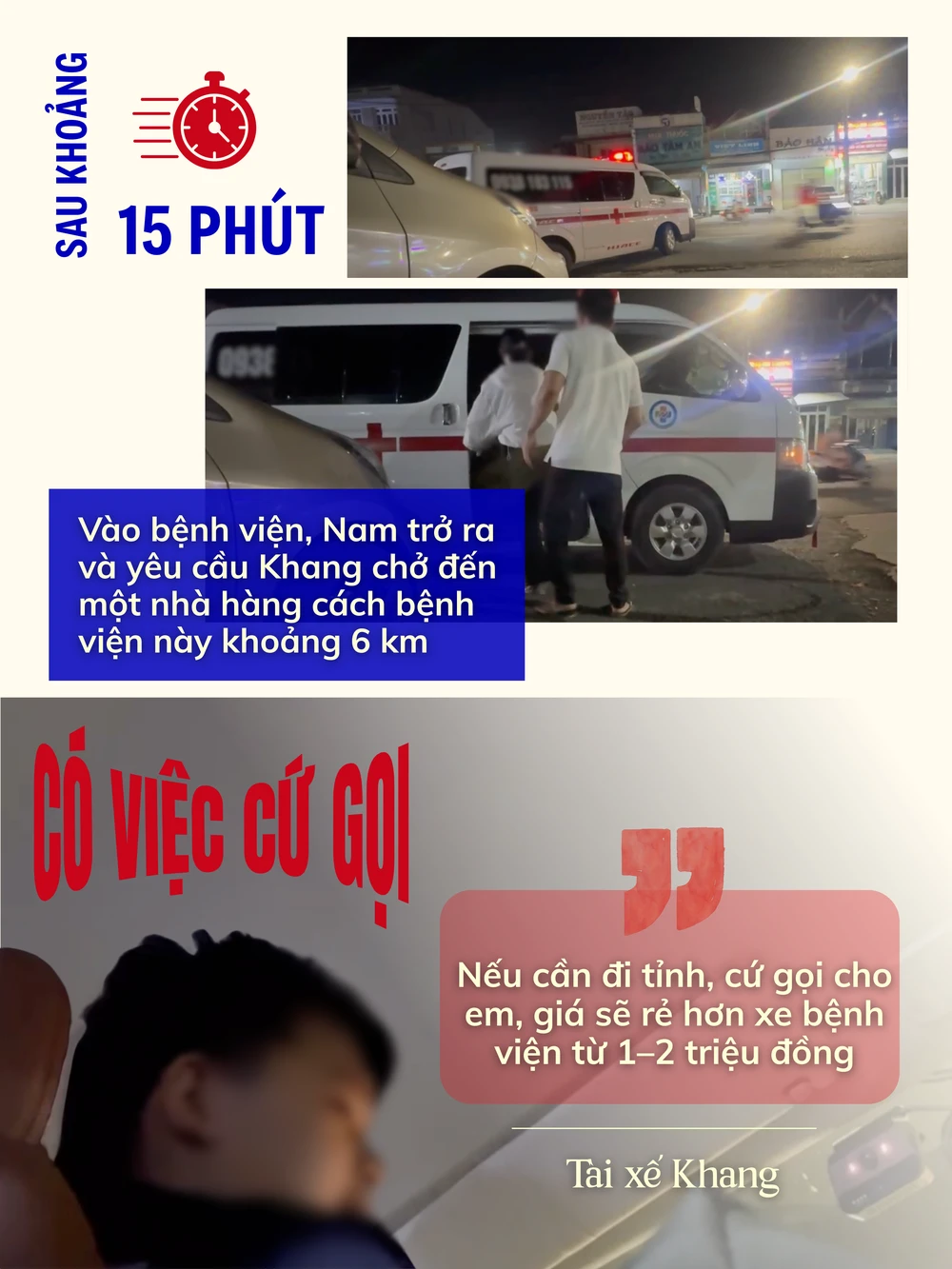 ẢNH GHÉP 6 - Sau khoảng 15 phút vào bệnh viện, Nam trở ra và yêu cầu Khang chở đến một nhà hàng cách bệnh viện này khoảng 6 km (2-3 ẢNH) + Và trên suốt quãng đường từ bệnh viện đến.png