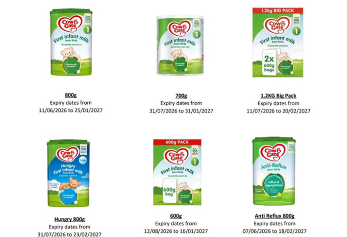 Các lô sản phẩm Cow & Gate bị ảnh hưởng trong thông báo thu hồi của Danone Anh. Ảnh: Danone UK