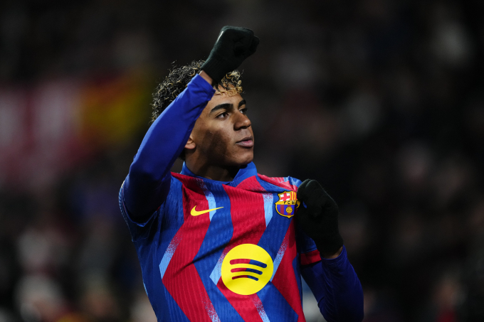 Lamine Yamal mừng bàn mở tỷ số trận Barca thắng chủ nhà Albacete 2-1 ở tứ kết Cup Nhà Vua Tây Ban Nha ngày 3/2/2026 trên sân Carlos Belmonte. Ảnh: AFP