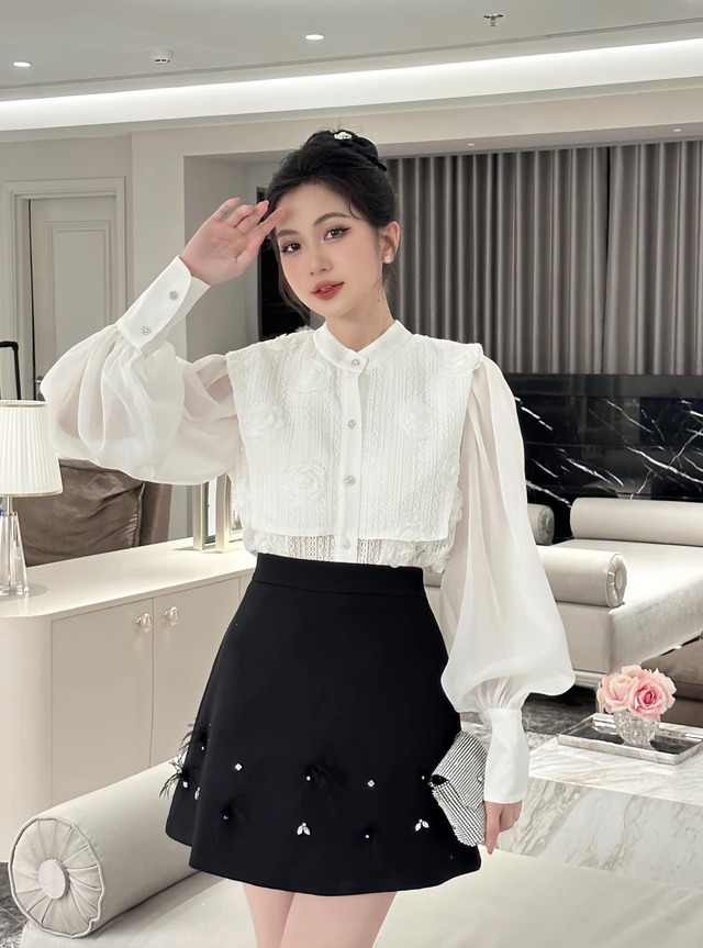 Áo blouse tay bồng sánh đôi váy chữ A đẹp chuẩn quý cô - Ảnh 5.