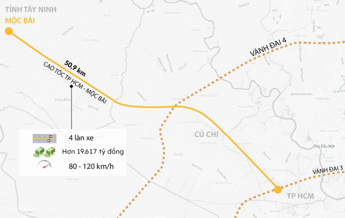 Sơ đồ hướng tuyến cao tốc TP HCM - Mộc Bài. Đồ họa: Khánh Hoàng