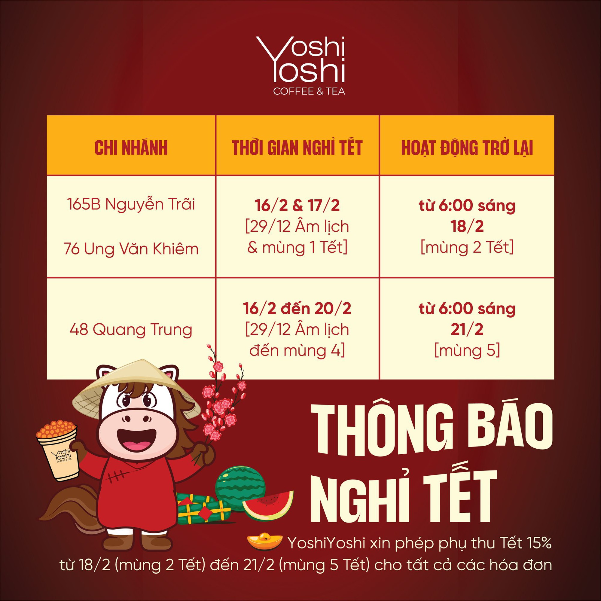 Lịch mở cửa và mức phụ thu của các chuỗi cà phê lớn tại TP.HCM dịp Tết Bính Ngọ 2026- Ảnh 13.