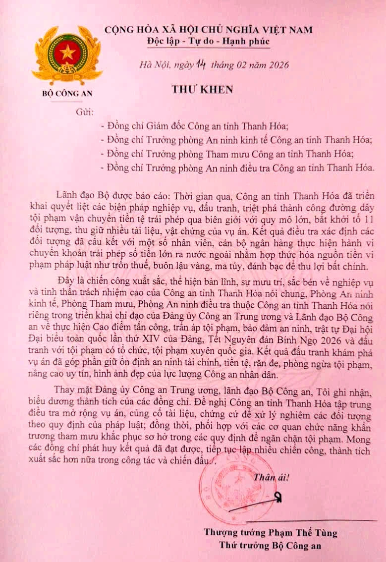 Bộ Công an gửi thư khen Công an Thanh Hóa phá đường dây vận chuyển tiền trái phép hàng ngàn tỉ đồng.jpg