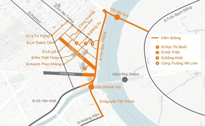 Vị trí một số tuyến đường cấm xe để bắn pháo hoa đêm giao thừa ở trung tâm TP HCM. Đồ họa: Khánh Hoàng