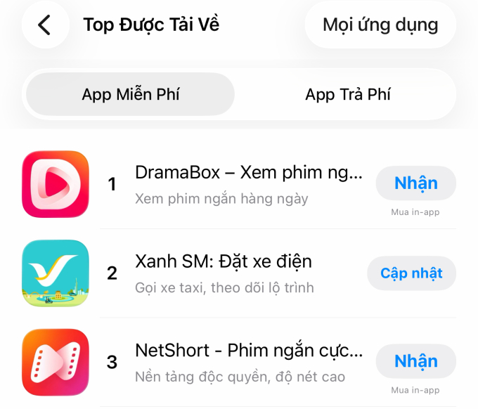 2 trong 3 ứng dụng được tải nhiều nhất trên App Store ngày 15/2 là ứng dụng Short Drama. Ảnh chụp màn hình