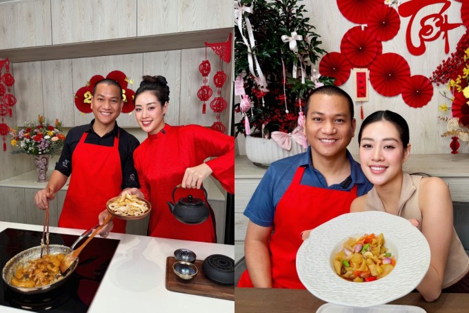 Vợ chồng Khánh Vân trong gian bếp ngày Tết.