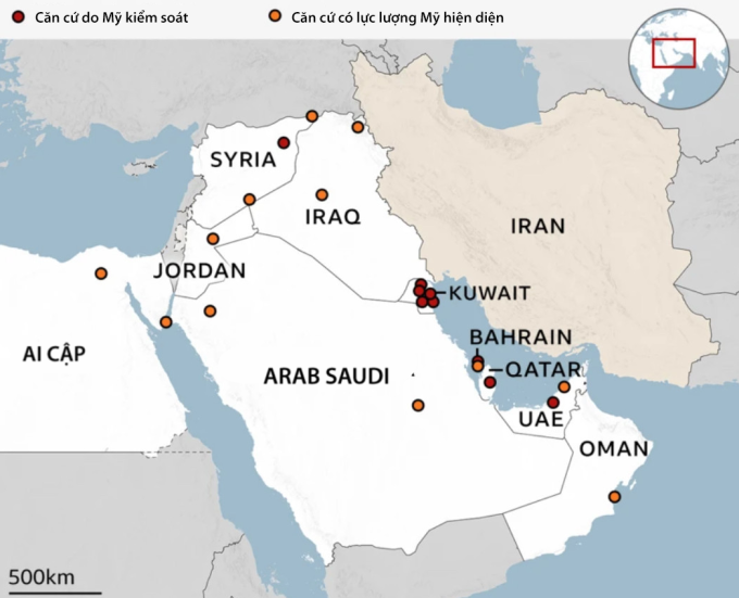 Các căn cứ quân sự có lực lượng Mỹ tại Trung Đông. Đồ họa: BBC
