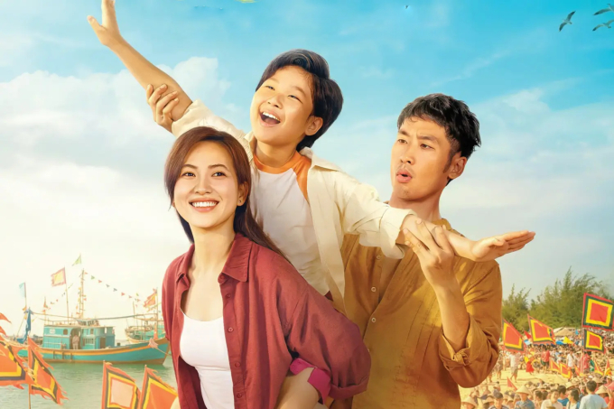 Từ trái qua: Phương Anh Đào, bé Mì Gói, Tuấn Trần trong Báu vật trời cho. Ảnh: Đoàn phim cung cấp