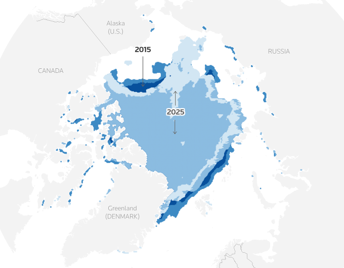Bản đồ cho thấy sự suy giảm băng biển Bắc Cực từ năm 2015 đến năm 2025. Nguồn: Copernicus/C3S/CDS