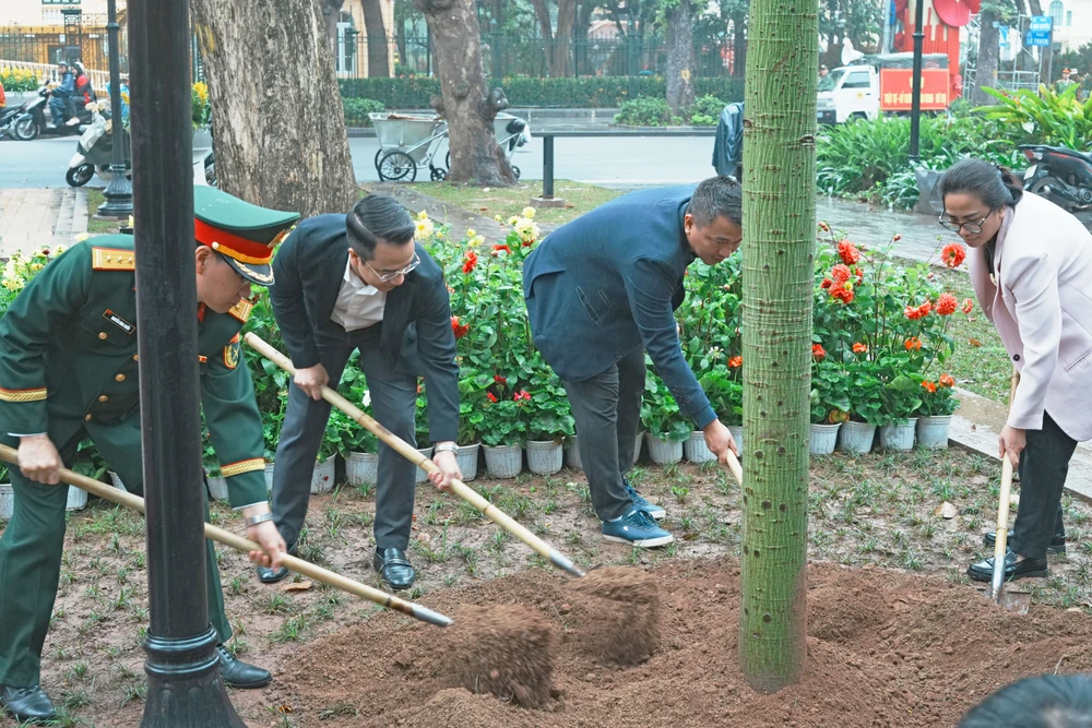 Lãnh đạo và cán bộ phường Hoàn Kiếm và người dân trên địa bàn cùng tham gia trồng cây xanh ở Vườn hoa Con Cóc. Ảnh: Trọng Phú 2.JPG