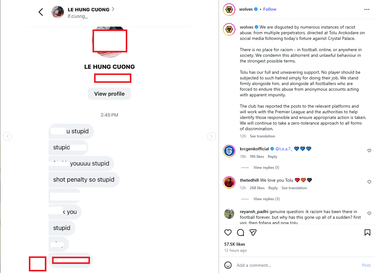 Sốc: CLB Wolverhampton phản ứng dữ dội CĐV bình luận phân biệt chủng tộc, có tài khoản tên tiếng Việt- Ảnh 3. Sốc: CLB Wolverhampton phản ứng dữ dội CĐV bình luận phân biệt chủng tộc, có tài khoản tên tiếng Việt- Ảnh 3.
