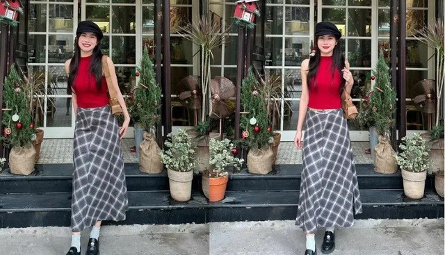 Chân váy caro mix với áo cộc tay tạo nên outfit Tết trẻ trung, tươi tắn. Ảnh: Routine