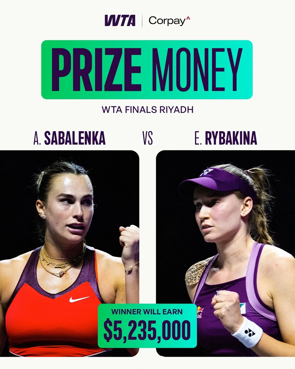 Giải thưởng trị giá hơn 5 triệu USD dành cho nhà vô địch. Ảnh: WTA sabalenka-ribakina-1.jpg