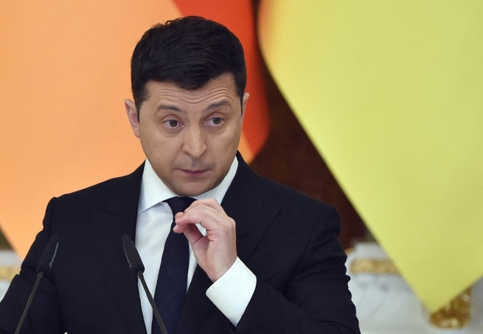 Tổng thống Ukraine Volodymir Zelensky tại cuộc họp báo ở Kiev hôm 14/2/2022. Ảnh: AFP