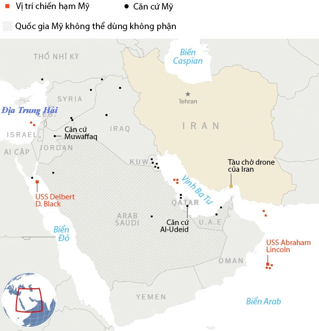 Vị trí các chiến hạm và căn cứ Mỹ ở Trung Đông, với tàu sân bay USS Gerald R. Ford đang tiến vào khu vực. Đồ họa: Washington Post