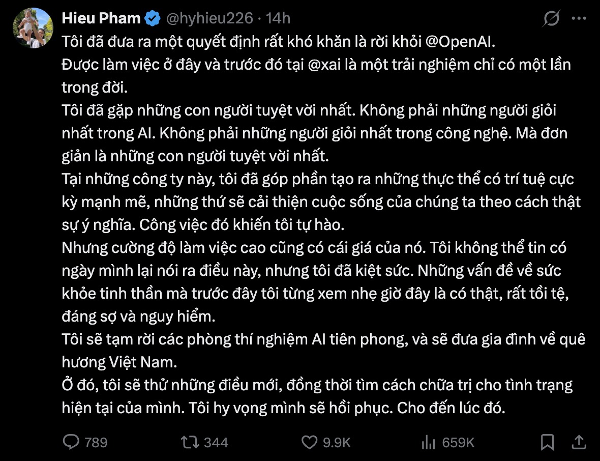 Kỹ sư Việt nghỉ OpenAI vì kiệt sức nhưng để lại cảnh báo lạnh gáy: Kỹ sư Việt nghỉ OpenAI vì kiệt sức nhưng để lại cảnh báo lạnh gáy: