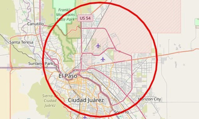 Khu vực bị đóng không phận ở trên thành phố El Paso, bang Texas, Mỹ ngày 10/2. Đồ họa: FAA