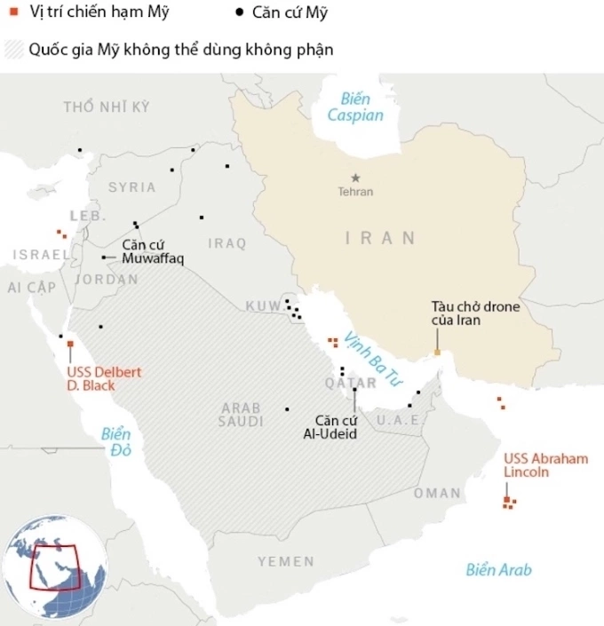 Vị trí các chiến hạm và căn cứ Mỹ ở Trung Đông. Đồ họa: Washington Post