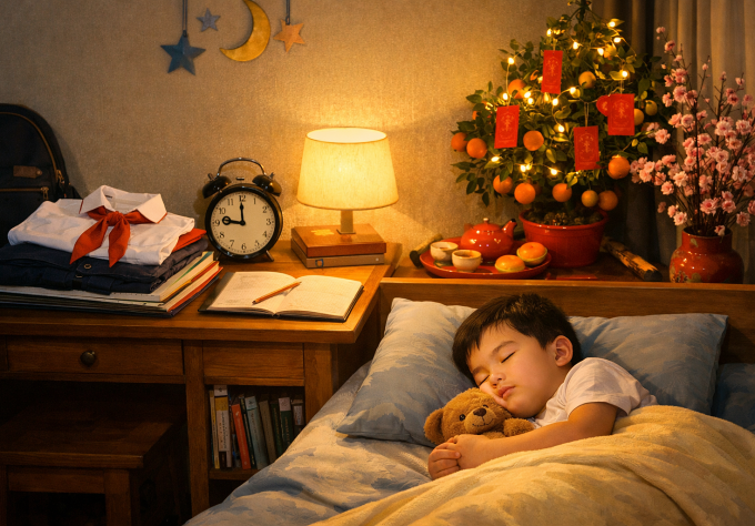 Cho trẻ đi ngủ sớm, dậy đúng giờ để làm quen lại với nhịp sinh hoạt mới. Ảnh minh họa tạo bởi AI