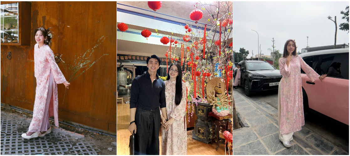 Áo dài kim sa, áo bà ba thắng thế trong tủ đồ mỹ nhân Việt dịp Tết Bính Ngọ 3 Hoa hậu Lương Thùy Linh, Á hậu Phương Nga, "Em Xinh" Muộii, Emily "mỗi người một vẻ" trong thiết kế áo dài kim sa tông hồng nhạt.