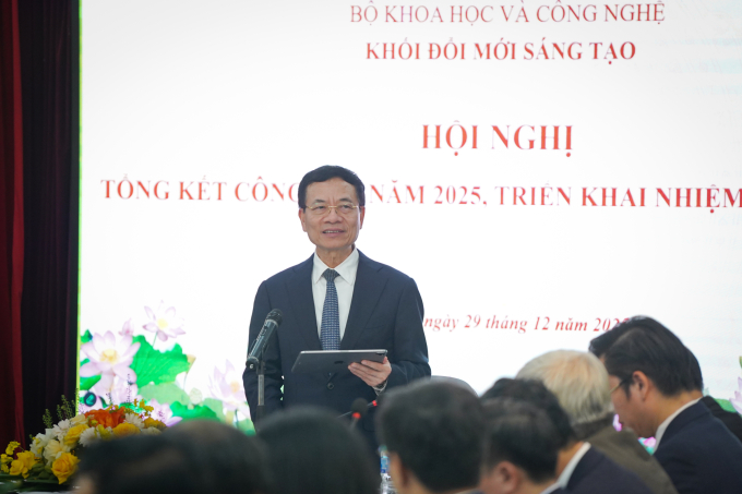 Bộ trưởng  Nguyễn Mạnh Hùng tại Hội nghị Tổng kết năm 2025, triển khai nhiệm vụ 2026 của Khối Đổi mới sáng tạo, Bộ Khoa học và Công nghệ, ngày 29/12/2025. Ảnh: Lưu Quý