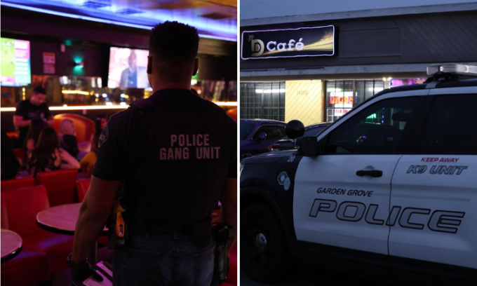 Cảnh sát kiểm tra quán DD Cafe trên đường McFadden, thành phố Garden Grove, quận Cam, bang California. Ảnh: Instagram/gardengrovepd