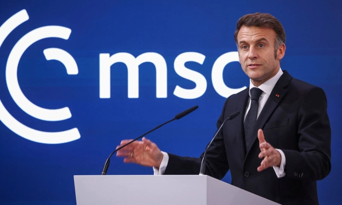 Tổng thống Pháp Emmanuel Macron phát biểu tại Hội nghị An ninh Munich ngày 13/2. Ảnh: Reuters