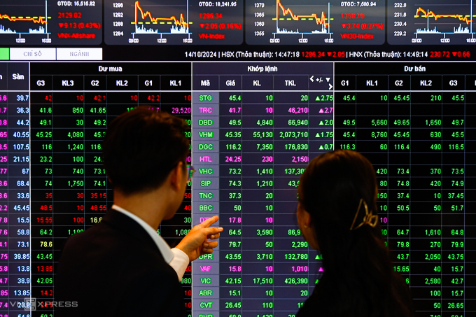 Nhà đầu tư đang quan sát bảng điện tử tại trụ sở của một công ty chứng khoán ở TP HCM. Ảnh: An Khương