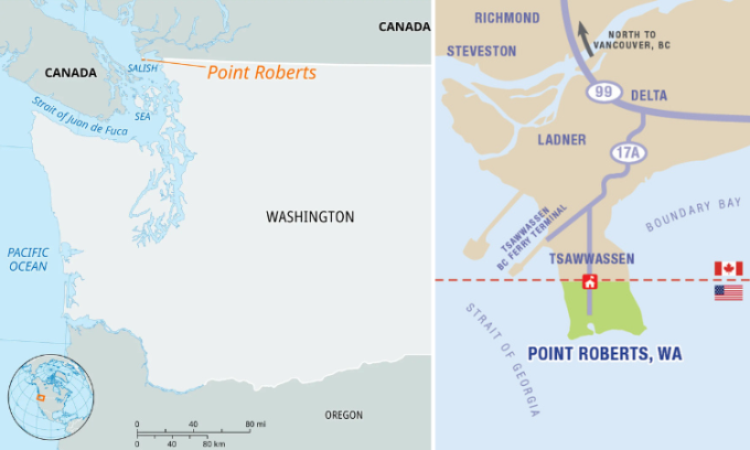 Vị trí thị trấn Point Roberts thuộc bang Washington, Mỹ. Đồ họa: Britannica
