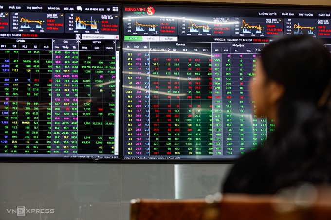 Nhà đầu tư đang quan sát bảng điện tử tại trụ sở một công ty chứng khoán ở TP HCM. Ảnh: An Khương